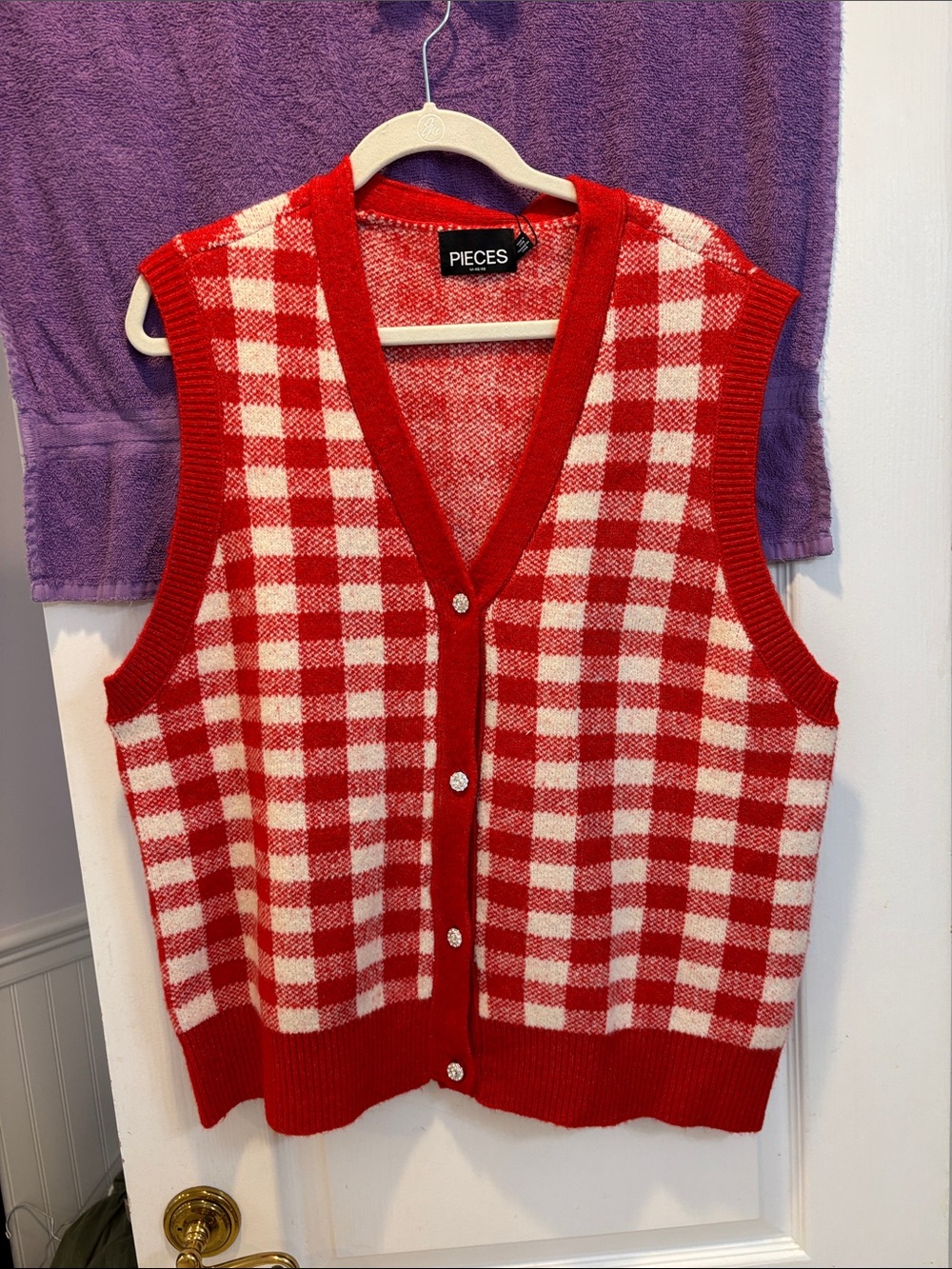 NWT PIECES Red & White Check Knit Button Vest